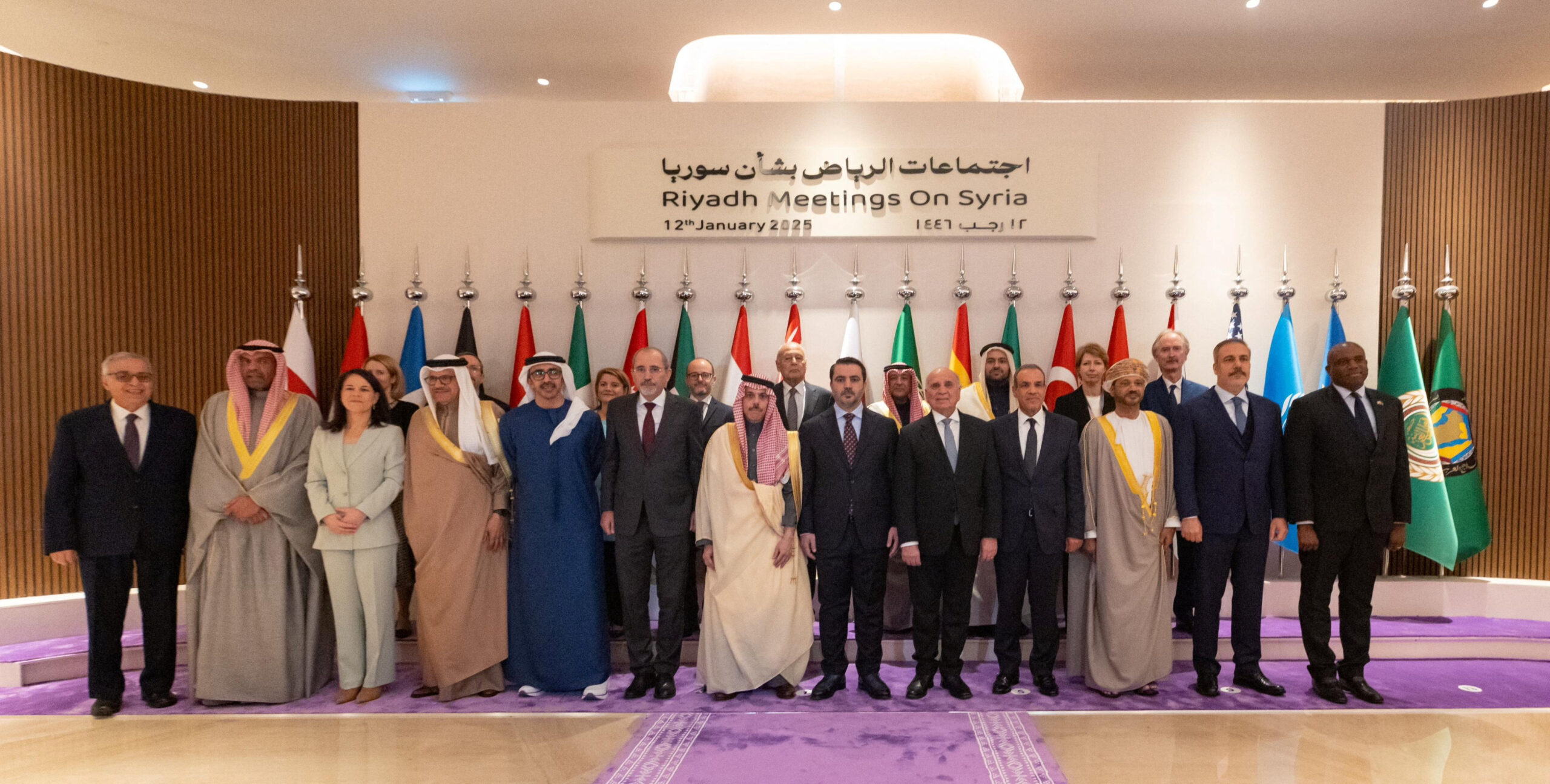 Foreign ministers and delegates pose for a family photo after their meeting on Syria, following the recent ousting of President Bashar al-Assad, in Riyadh, Saudi Arabia, January 12. (Saudi Press Agency/Handout via REUTERS)