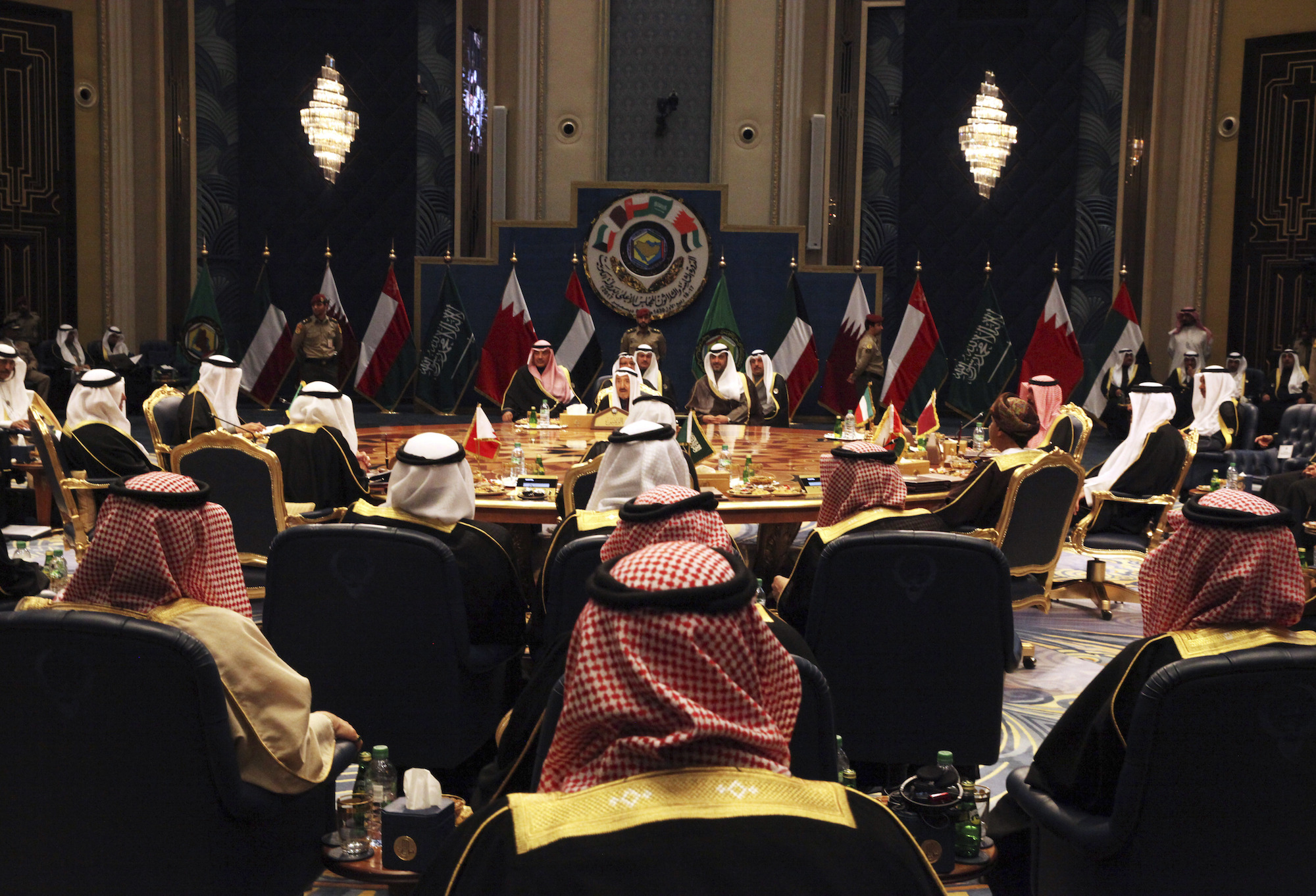 Kuwait's emir, Sheikh Sabah al-Ahmed al-Sabah, center, oversees the Gulf Cooperation Council summit in Kuwait City, Dec. 5, 2017. (AP Photo/Jon Gambrell)