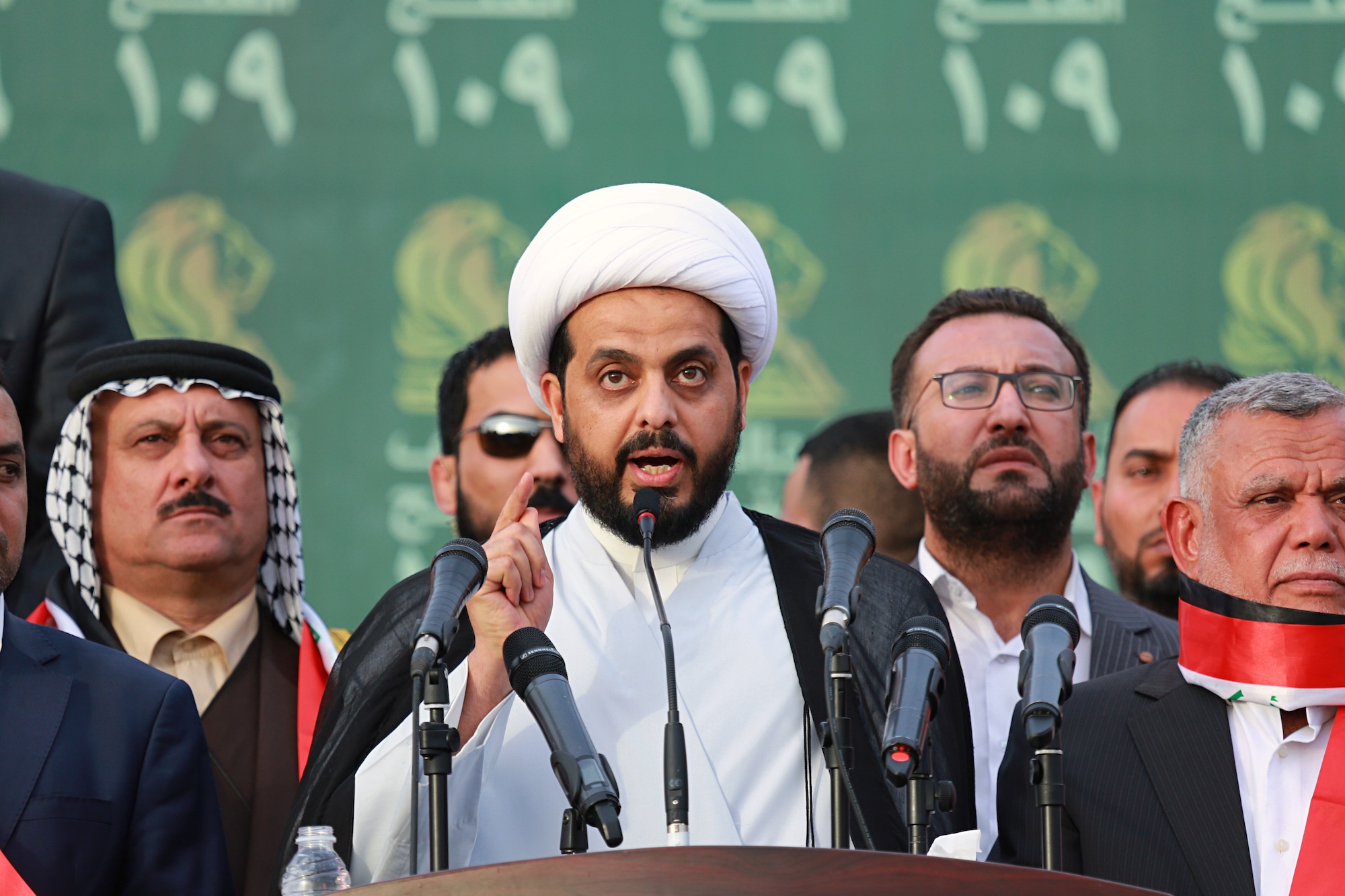 Qais al-Khazali, center, speaks to his followers during a campaign rally in Baghdad, Iraq, May 7. (AP Photo/Hadi Mizban)
