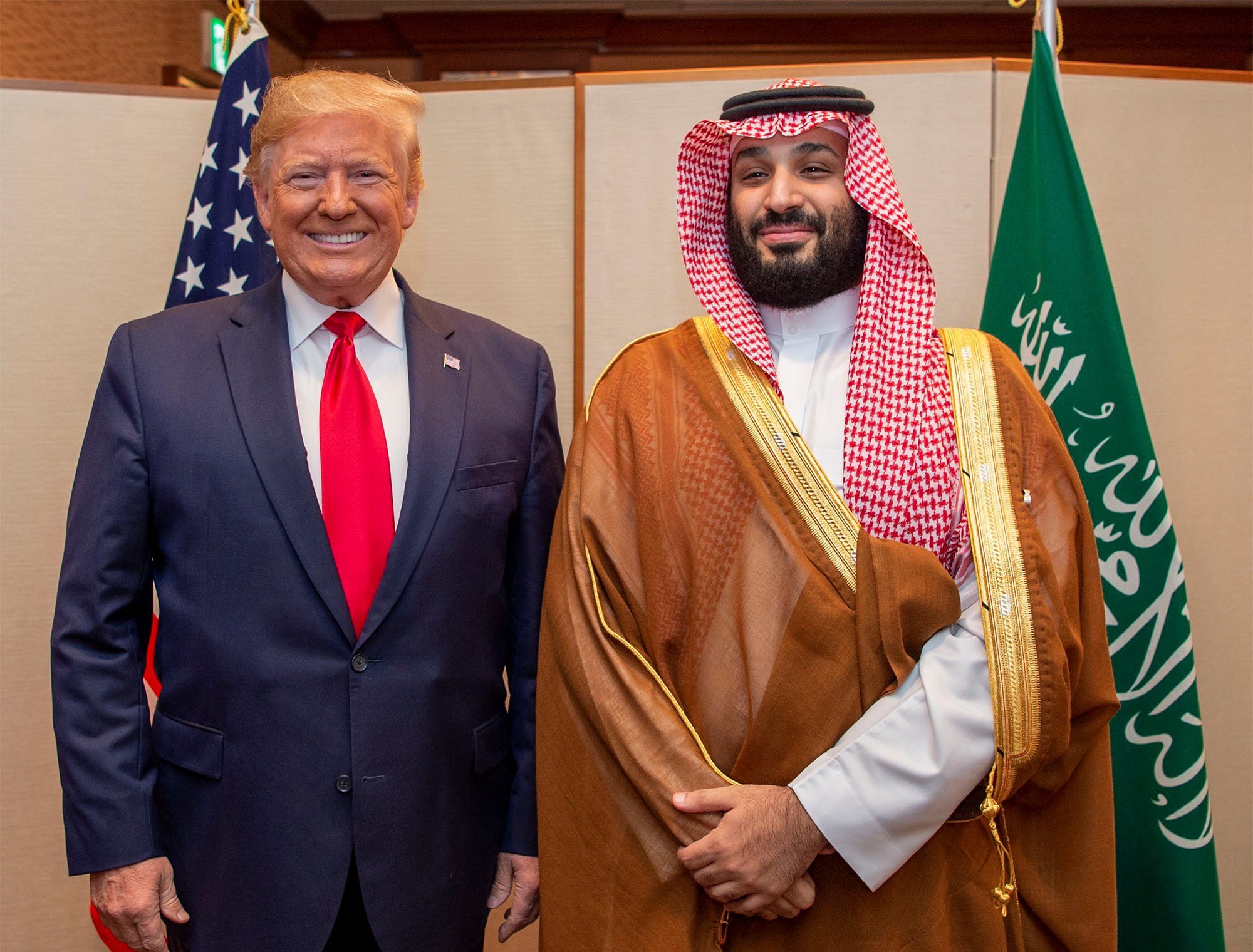 Saudi Crown Prince Mohammed bin Salman meets with U.S. President Donald J. Trump at the G20 leaders summit in Osaka, Japan, June 29, 2019. (Bandar Algaloud/Courtesy of Saudi Royal Court/Handout via REUTERS)