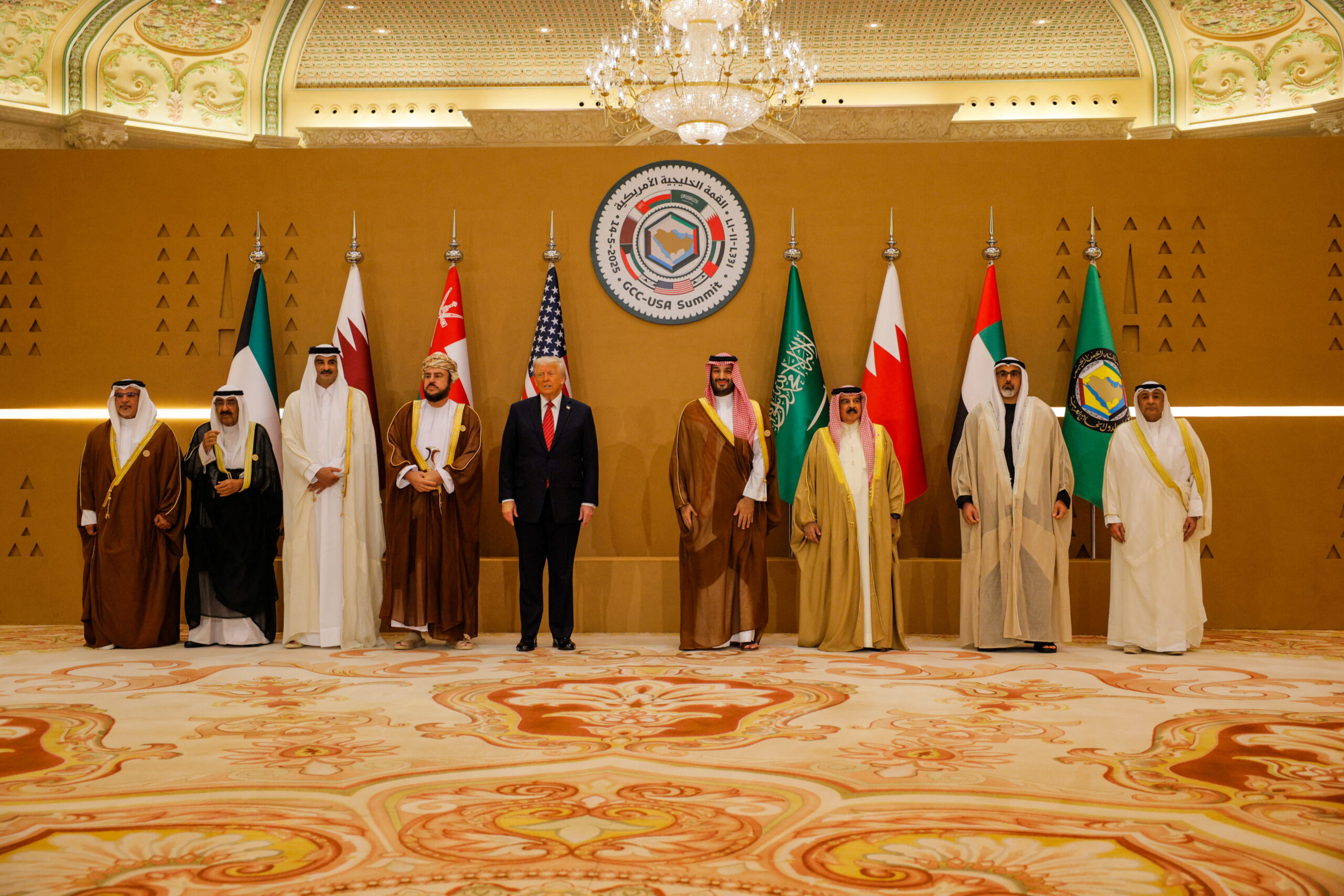 Qatari Emir Sheikh Tamim bin Hamad Al-Thani, President Donald J. Trump, Saudi Crown Prince Mohammed bin Salman, and Bahraini King Hamad bin Isa Al Khalifa attend a group photo session with Gulf Cooperation Council leaders in Riyadh, Saudi Arabia, May 14. (REUTERS/Brian Snyder)