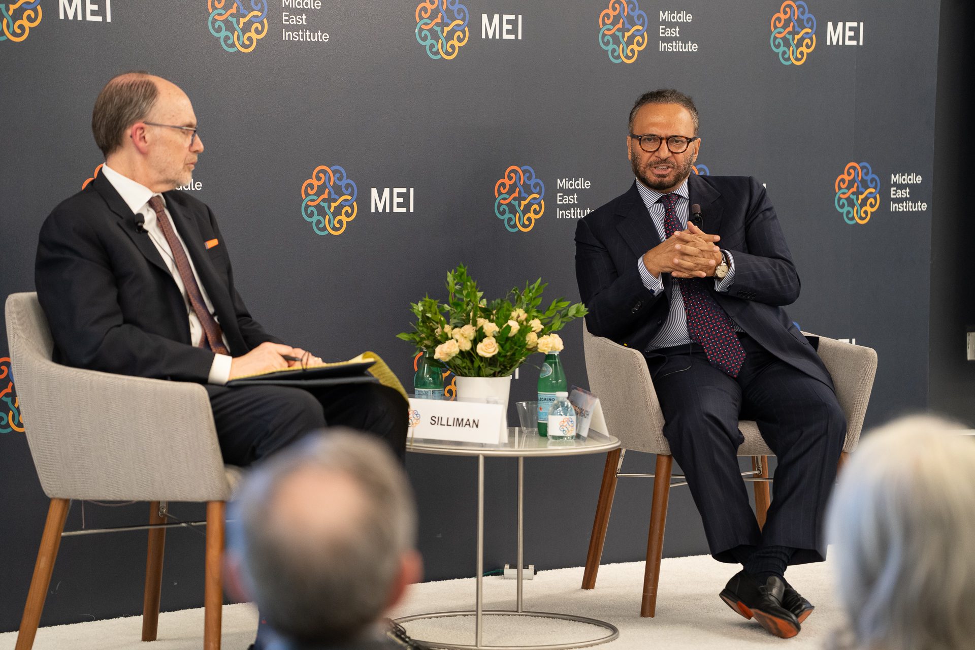 Ambassador Douglas A. Silliman in conversation with H.E. Dr. Anwar Gargash. (Credit: MEI)