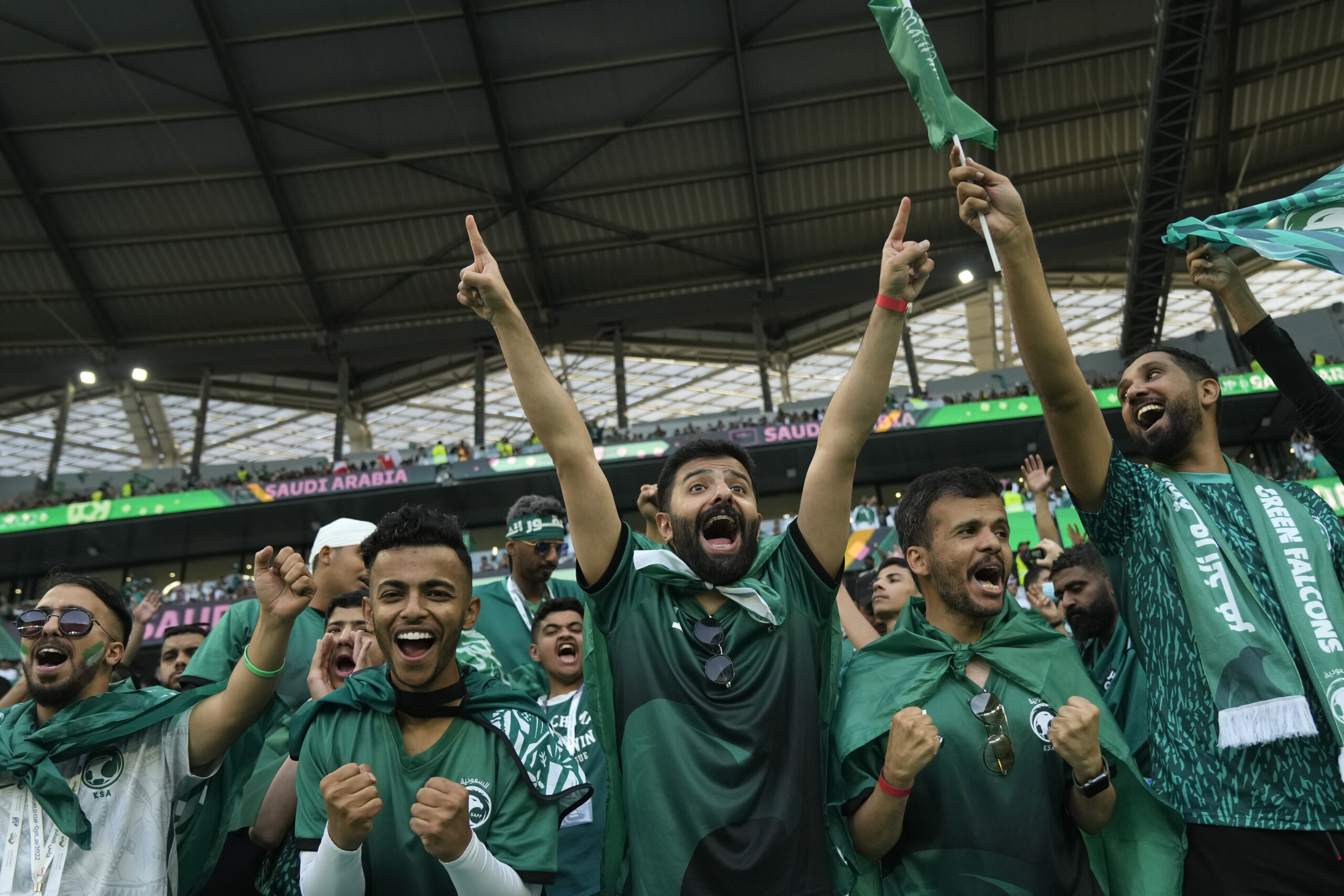 Saudi Arabia fans cheer prior of the World Cup group C soccer match between Poland and Saudi Arabia, at the Education City Stadium in Al Rayyan, Qatar, November 26, 2022. (AP Photo/Francisco Seco)