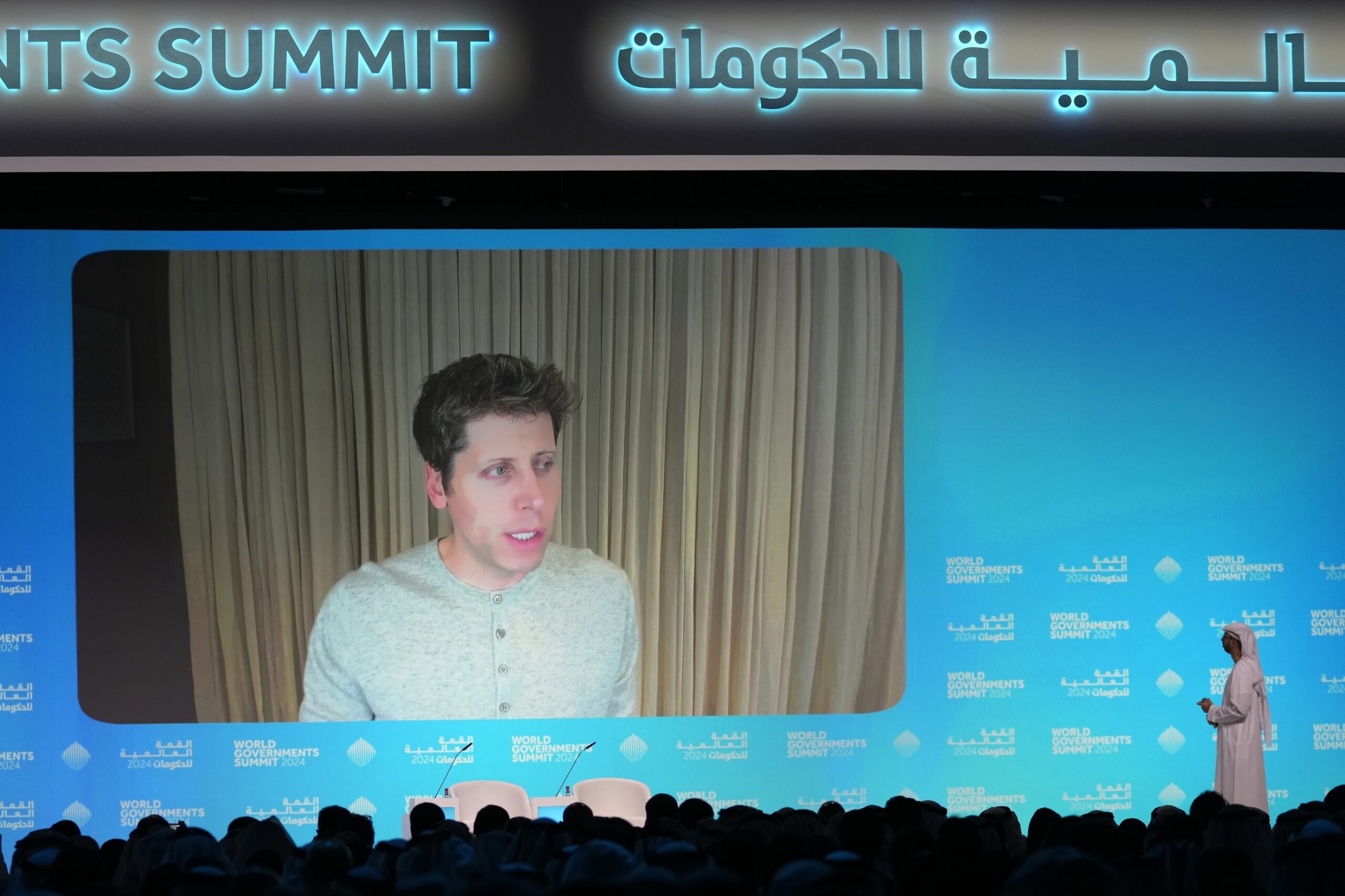 OpenAI CEO Sam Altman talks on a video chat during the World Government Summit in Dubai, United Arab Emirates, Tuesday, Feb. 13. (AP Photo/Kamran Jebreili)