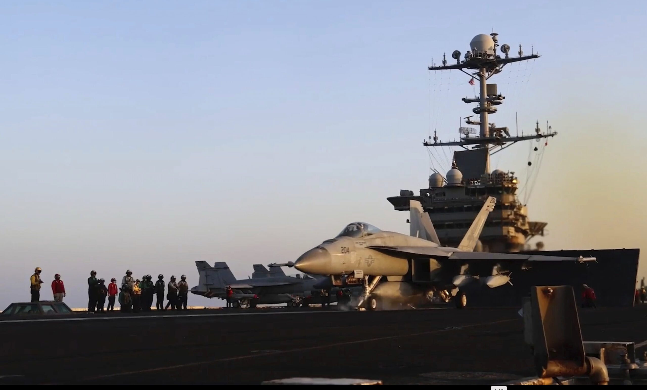 An aircraft launches from the USS Harry S. Truman in the Red Sea before airstrikes in Sanaa, Yemen, March 15. (U.S. Navy via AP)