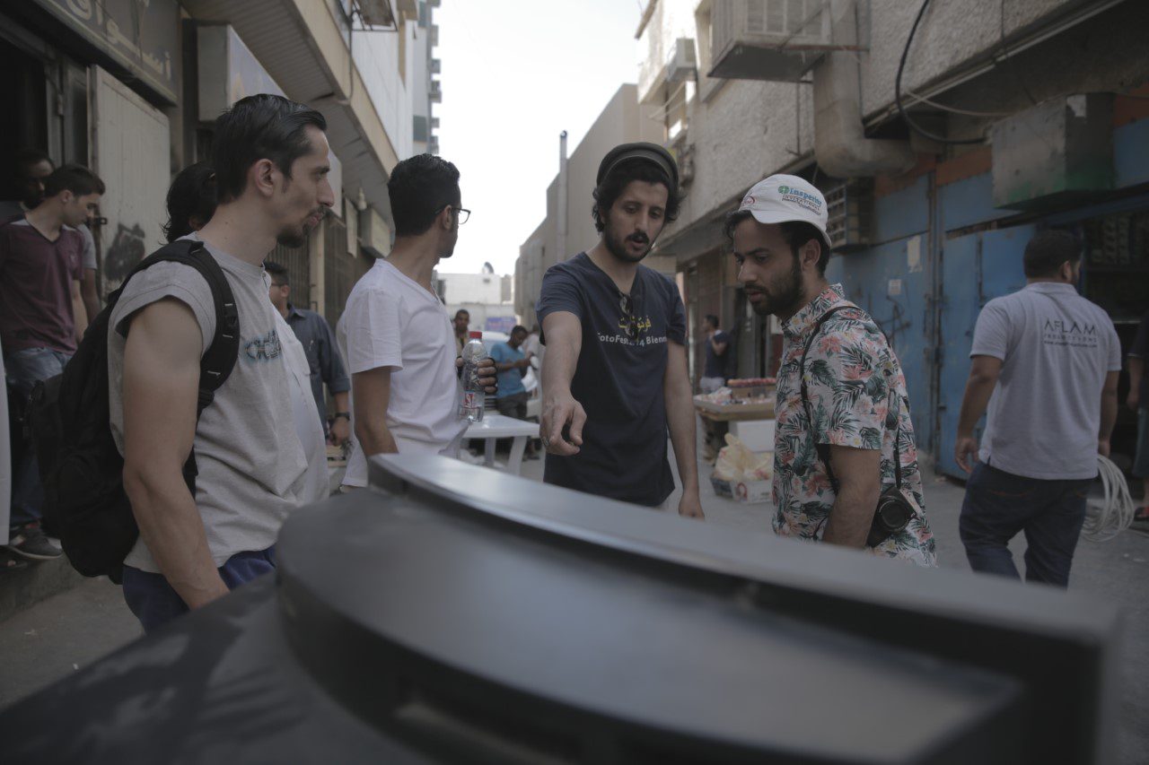 Ali al-Kalthami and his crew, Candy, Amr al-Marri, and Mohammed al-Hamdan while filming (Photo provided by Ali al-Kalthami)