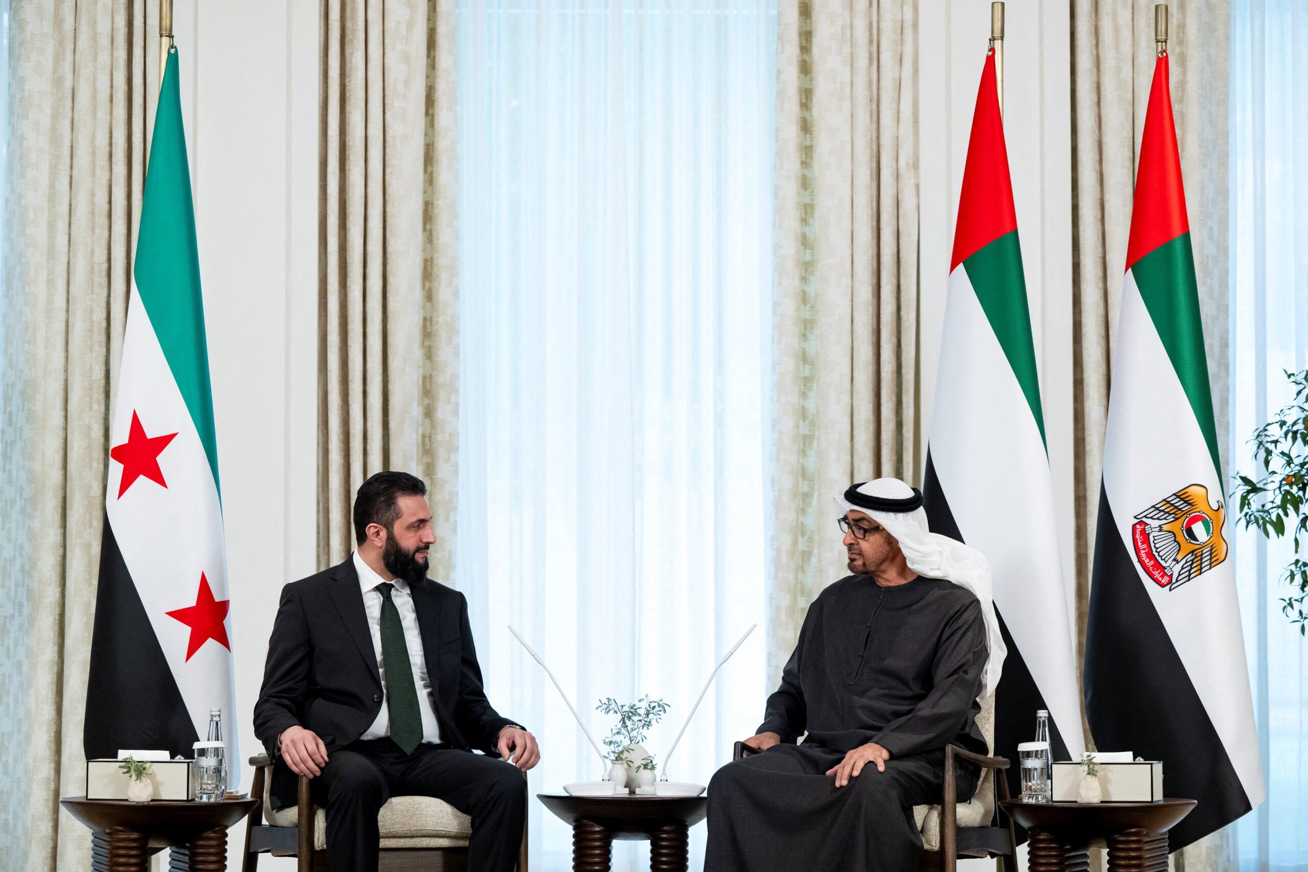 Emirati President Mohammed bin Zayed al-Nahyan and Syrian interim President Ahmed al-Sharaa meet at Al Shati Palace in Abu Dhabi, UAE, April 13. (Abdulla Al Bedwawi/UAE Presidential Court/Handout via REUTERS)(Abdulla Al Bedwawi/UAE Presidential Court/Handout via REUTERS)