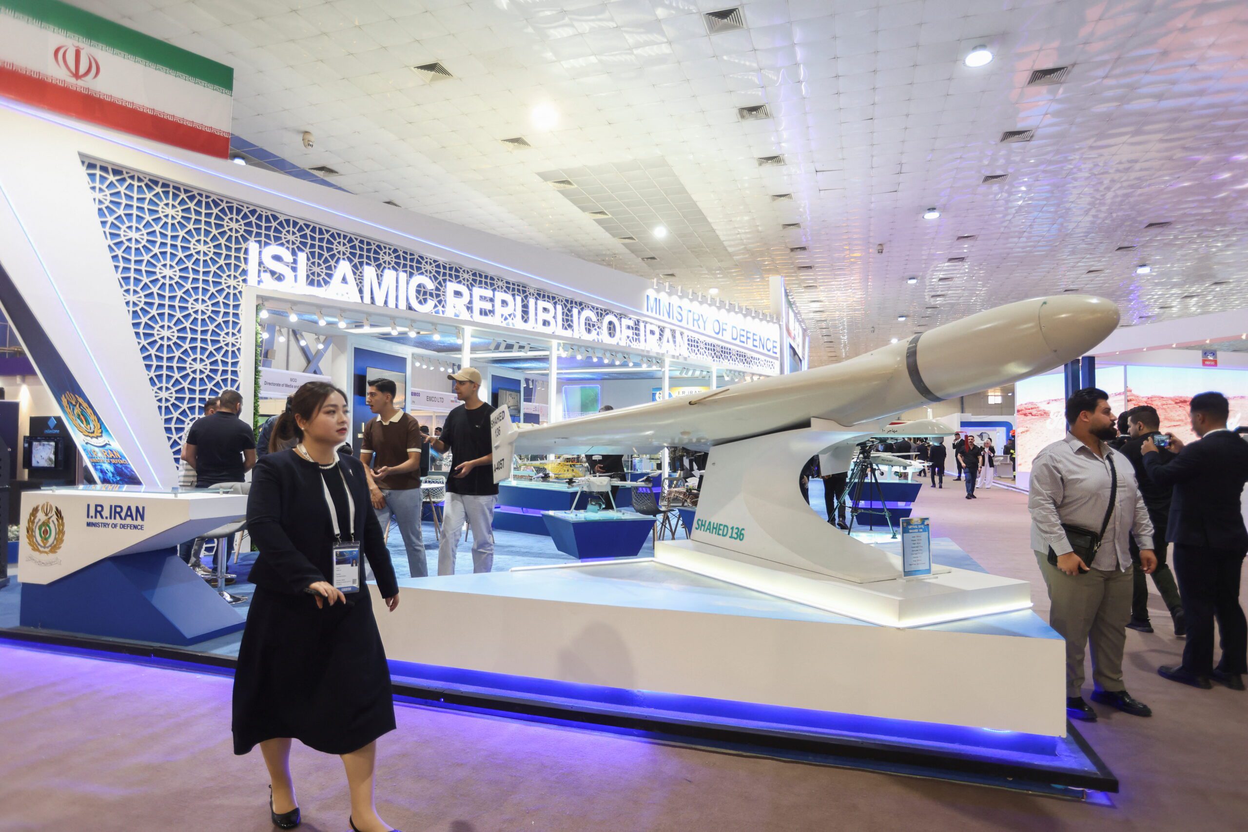 Visitors observe the Iranian Ministry of Defense’s display featuring the Shahed 136 drone during Iraq’s Defense, Security, and Cybersecurity Exhibition in Baghdad, Iraq April 19. (REUTERS/Ahmed Saad)