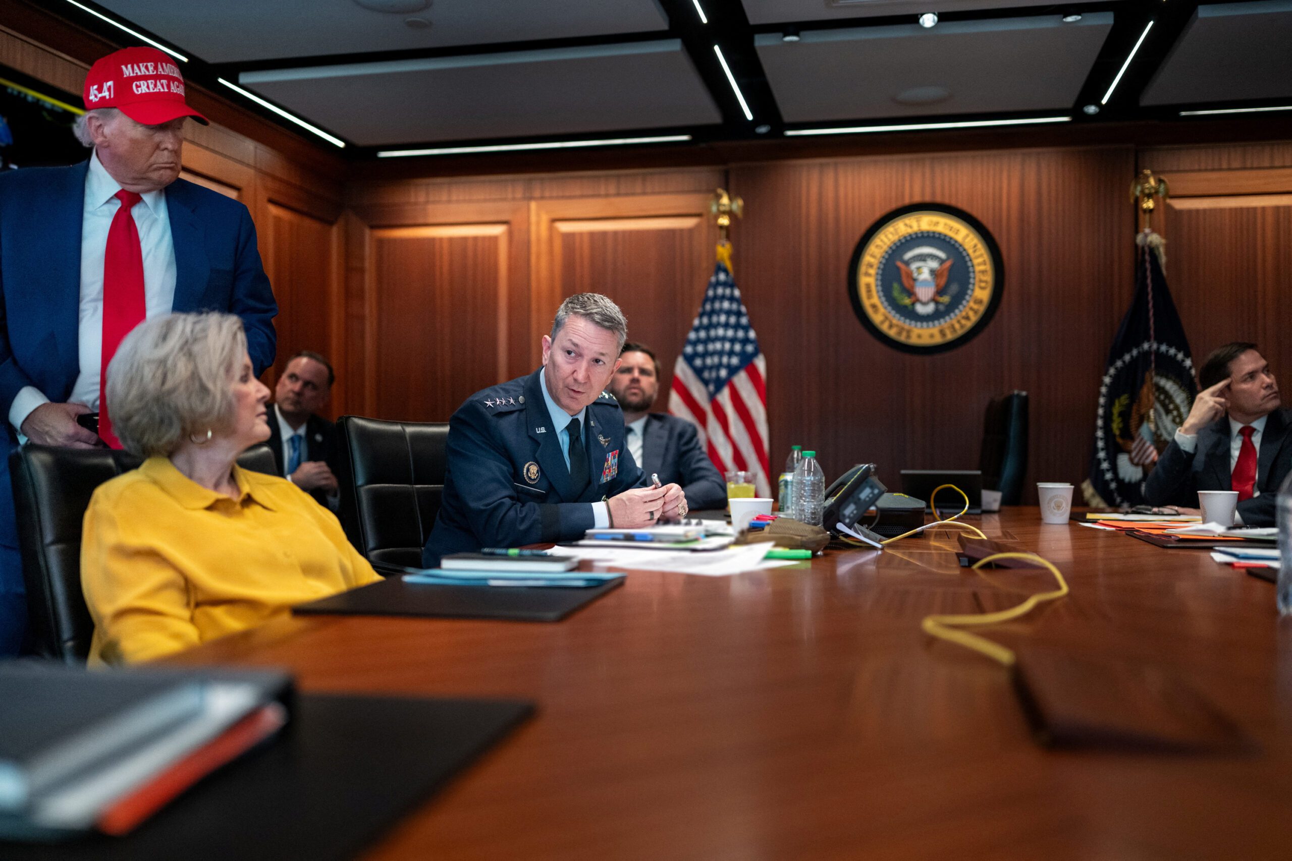 President Donald J. Trump holds a meeting with White House Chief of Staff Susie Wiles, Chairman of the Joint Chiefs of Staff General Dan Caine, and other cabinet members in the Situation Room at the White House in Washington, DC, June 21. (The White House/Handout via REUTERS)