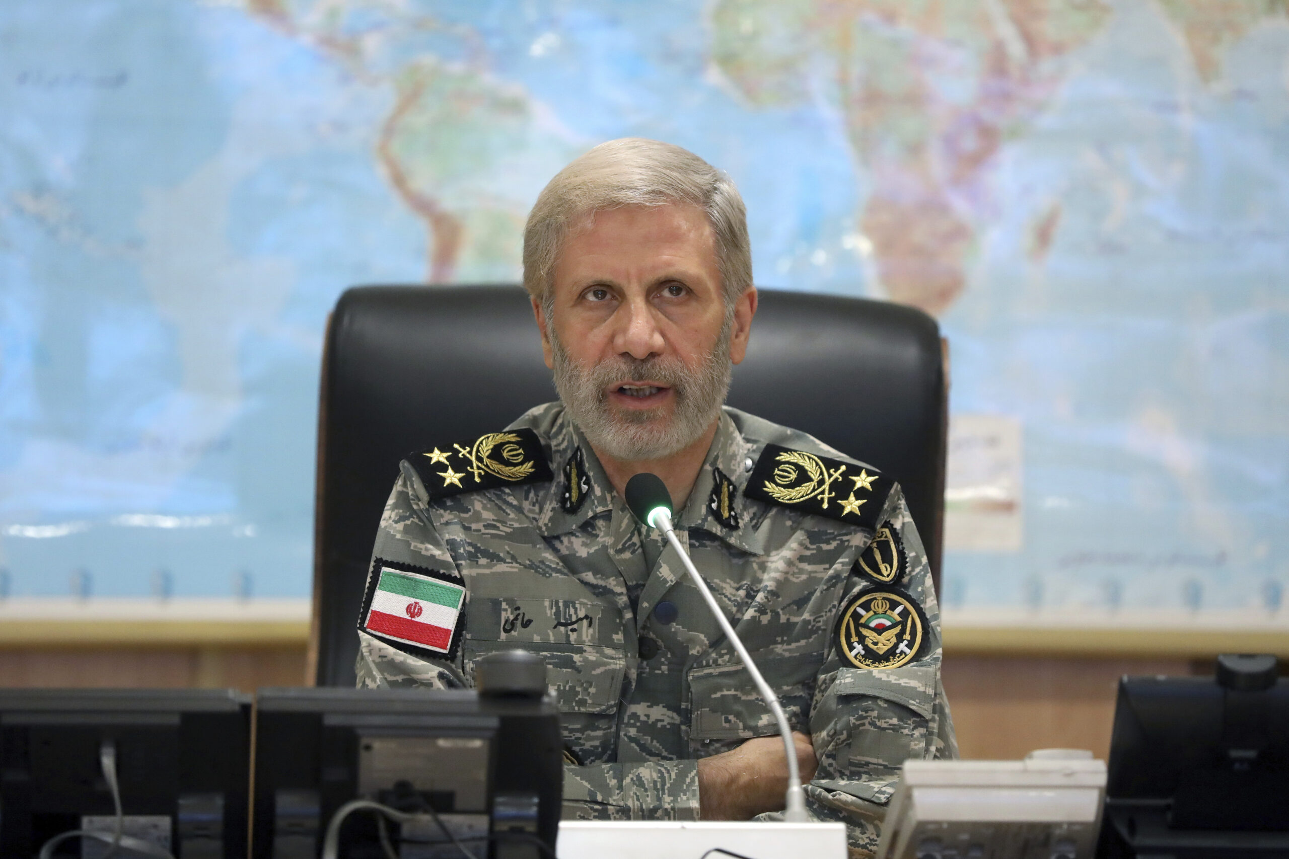 Iran's army commander-in-chief General Amir Hatami attends a video call with top commanders in Zolfaghar central headquarters, Iran, June 23. (Iranian Army Press Service via AP)
