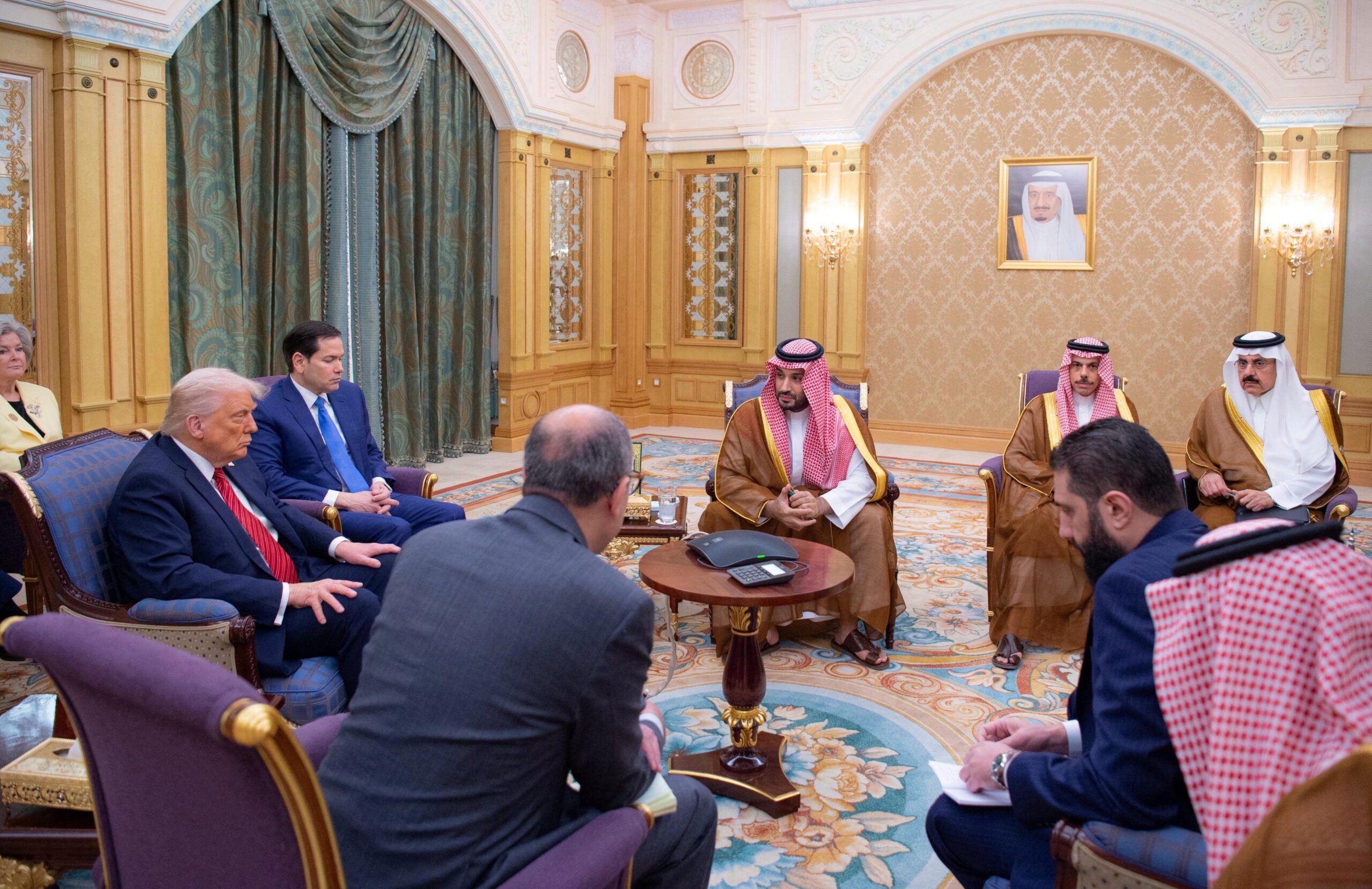 Syrian President Ahmed al-Sharaa meets with President Donald J. Trump and Saudi Crown Prince Mohammed Bin Salman and other officials in Riyadh, Saudi Arabia, May 14.( Saudi Press Agency/Handout via REUTERS)