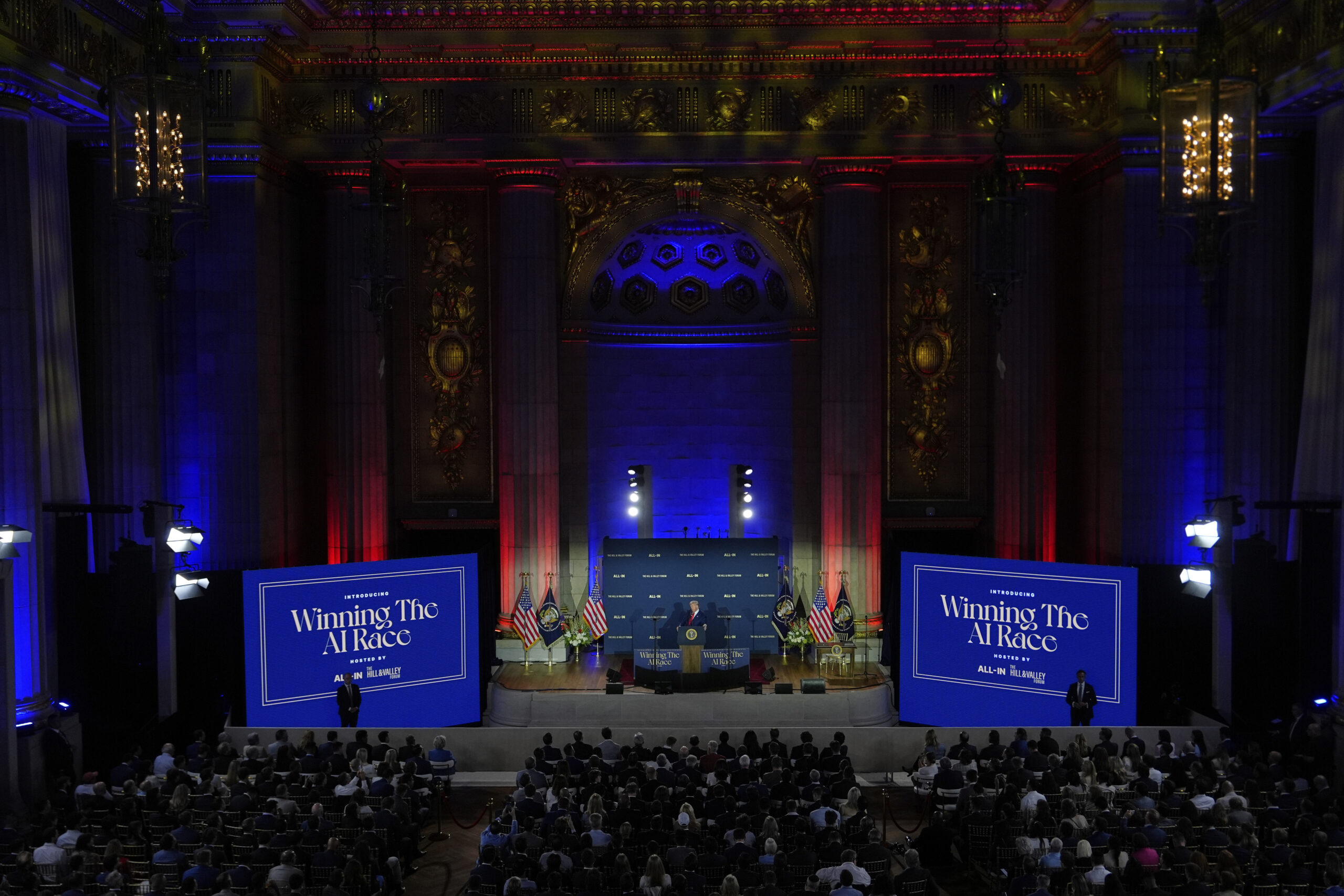 President Donald J. Trump speaks during an AI summit at the Andrew W. Mellon Auditorium, July 23, in Washington, D.C. (AP Photo/Julia Demaree Nikhinson)