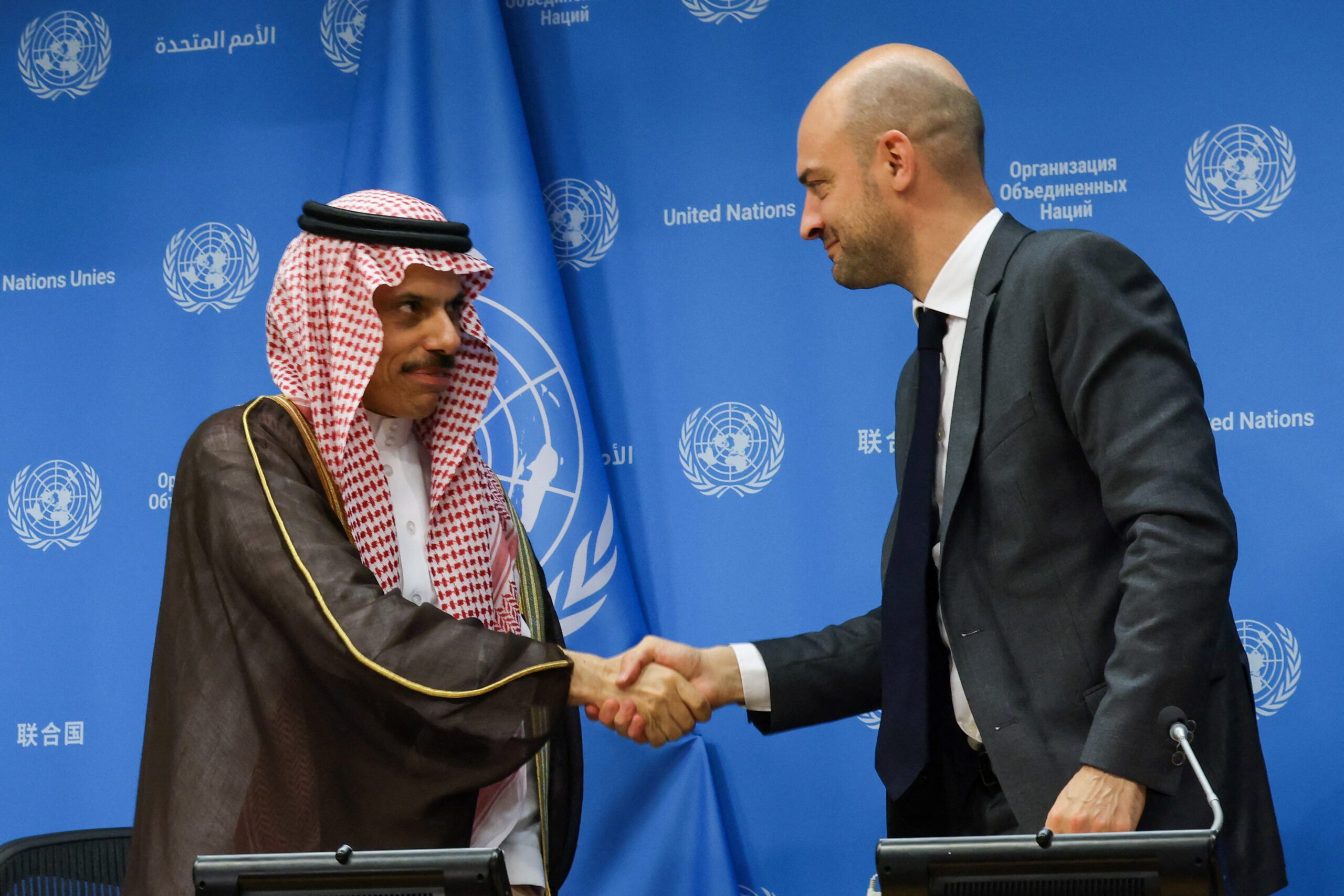 French Foreign Minister Jean-Noel Barrot and Saudi Foreign Minister Faisal bin Farhan, co-chairs of a United Nations high-level international conference to work toward a two-state solution between Israel and the Palestinians, shake hands after a press briefing at U.N. headquarters in New York, July 28. (REUTERS/Kylie Cooper)