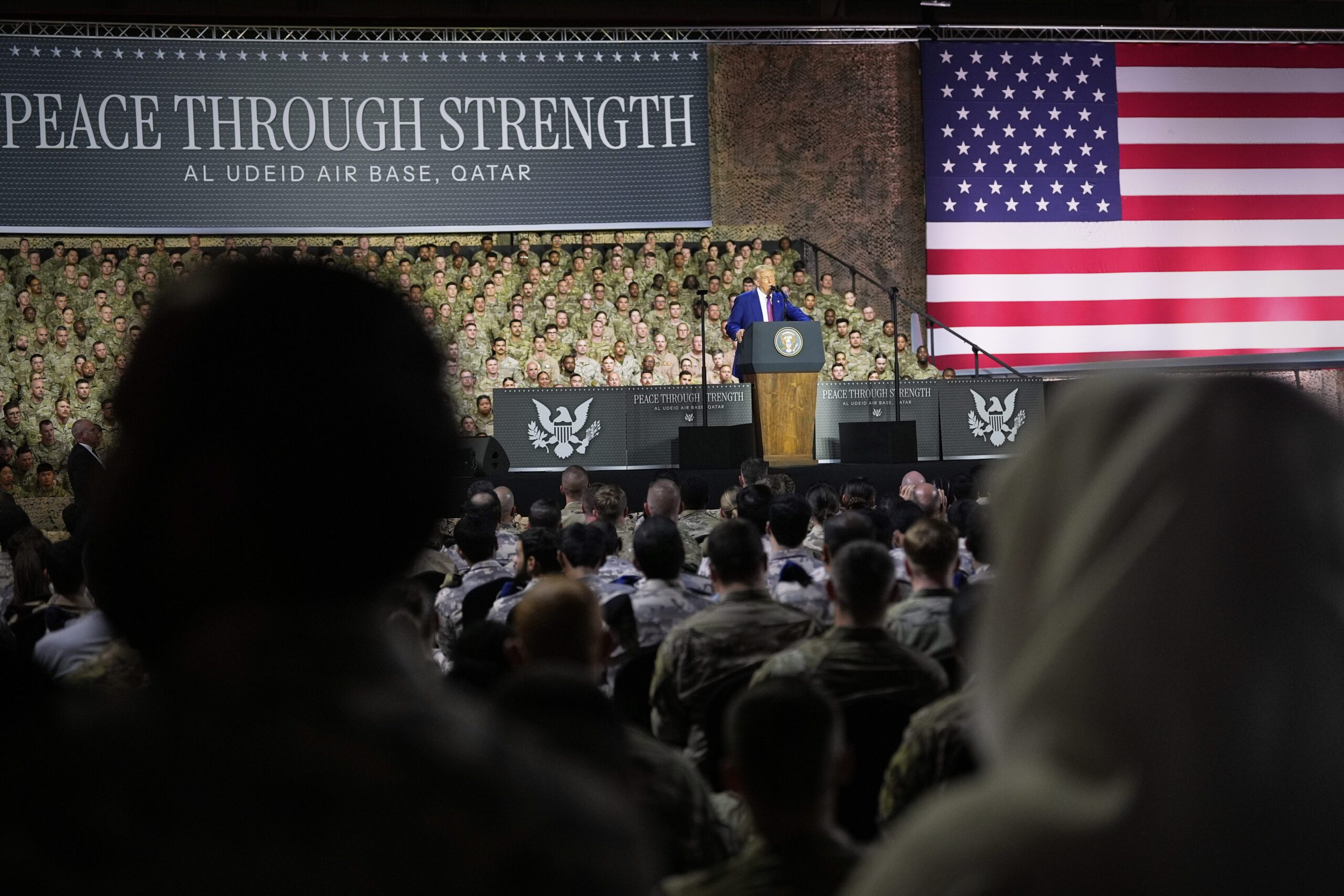 President Donald J. Trump speaks at the Al Udeid Air Base, May 15, in Doha, Qatar. (AP Photo/Alex Brandon)