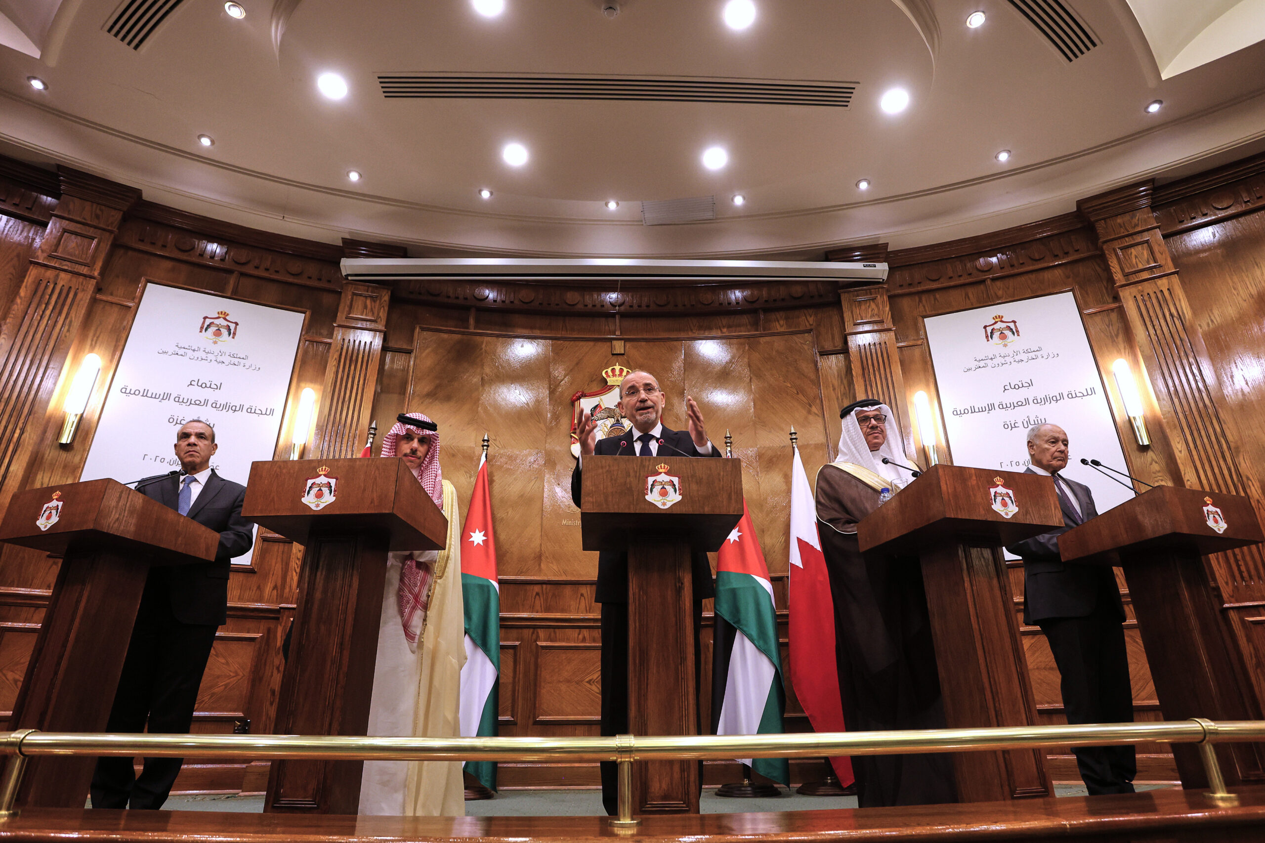 Egyptian Foreign Minister Badr Abdelatty, Saudi Foreign Minister Prince Faisal bin Farhan, Jordanian Foreign Minister Ayman Safadi, Bahraini Foreign Minister Abdullatif bin Rashid Al Zayani, and Arab League Secretary-General Ahmed Aboul Gheit hold a press conference following the ministerial committee of the Arab-Islamic Extraordinary Joint Summit on Gaza, in Amman, Jordan, June 1. (AP Photo/Raad Adayleh)