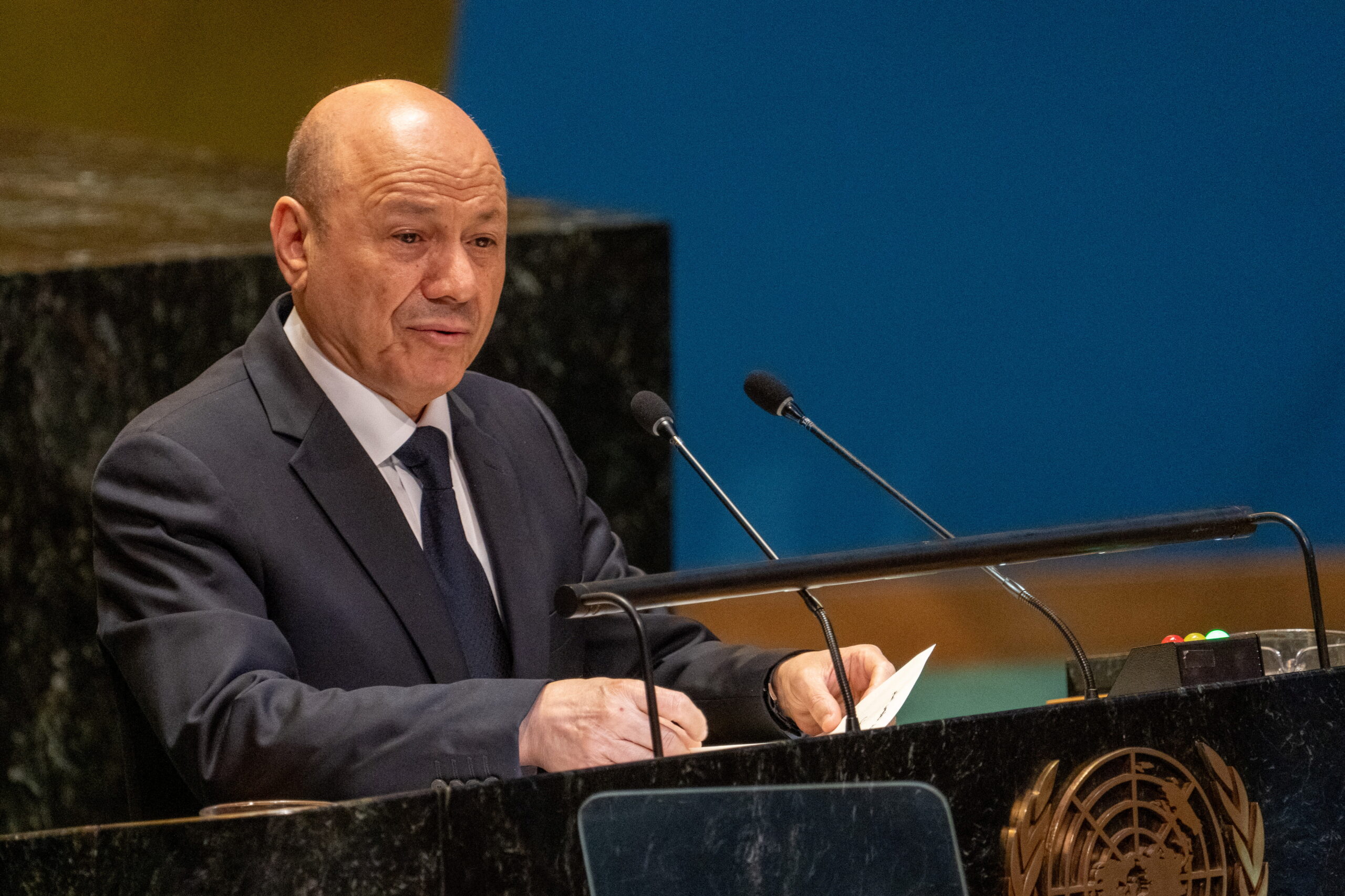 Yemeni Presidential Leadership Council President Rashad al-Alimi addresses the "Summit of the Future" in the General Assembly Hall at United Nations Headquarters in New York, September 22, 2024. (REUTERS/David Dee Delgado)