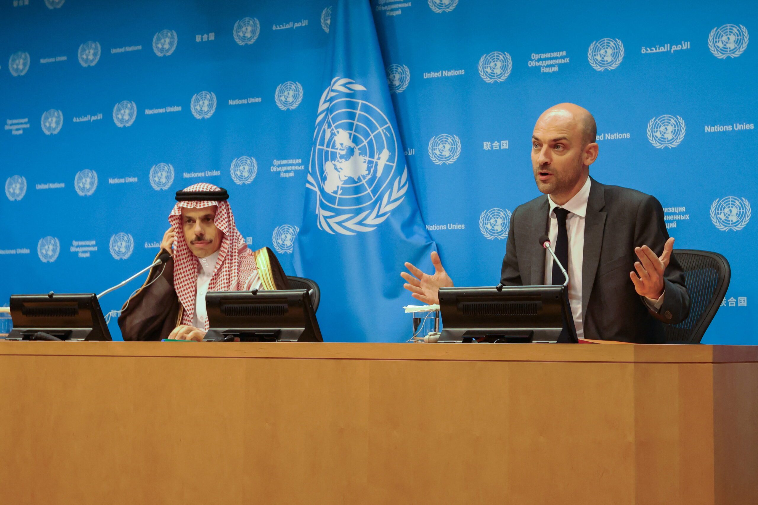 French Foreign Minister Jean-Noel Barrot speaks during a media briefing with Saudi Foreign Minister Faisal bin Farhan at the U.N. headquarters in New York City, July 28. (REUTERS/Kylie Cooper)