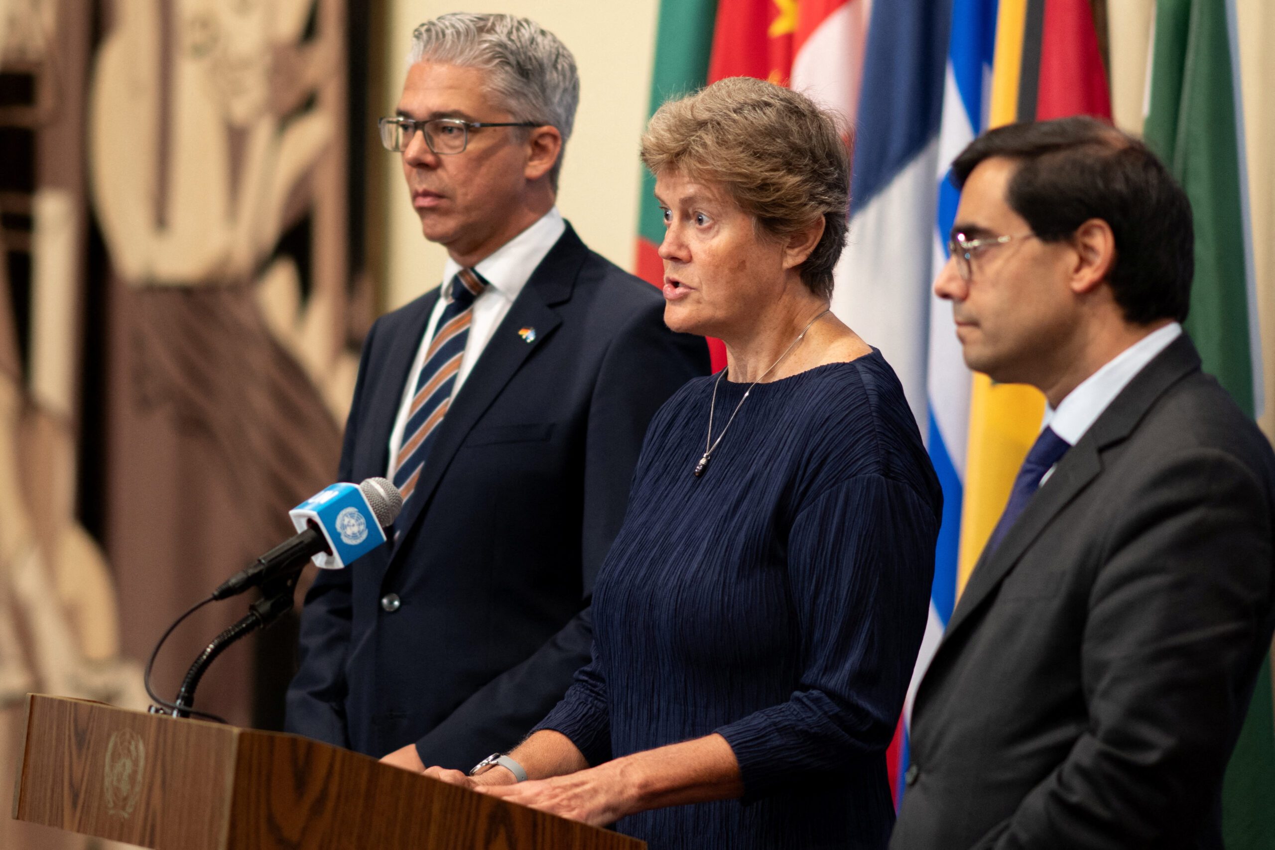 The United Kingdom's ambassador to the United Nations, Barbara Woodward, accompanied by other E3 members German Ambassador Ricklef Beutin and Deputy French Ambassador Jay Dharmadhikari, speaks to members of the media about Iran and nuclear weapons outside the U.N. Security Council chamber at the U.N. headquarters in New York City, August 29. (REUTERS/Angelina Katsanis)