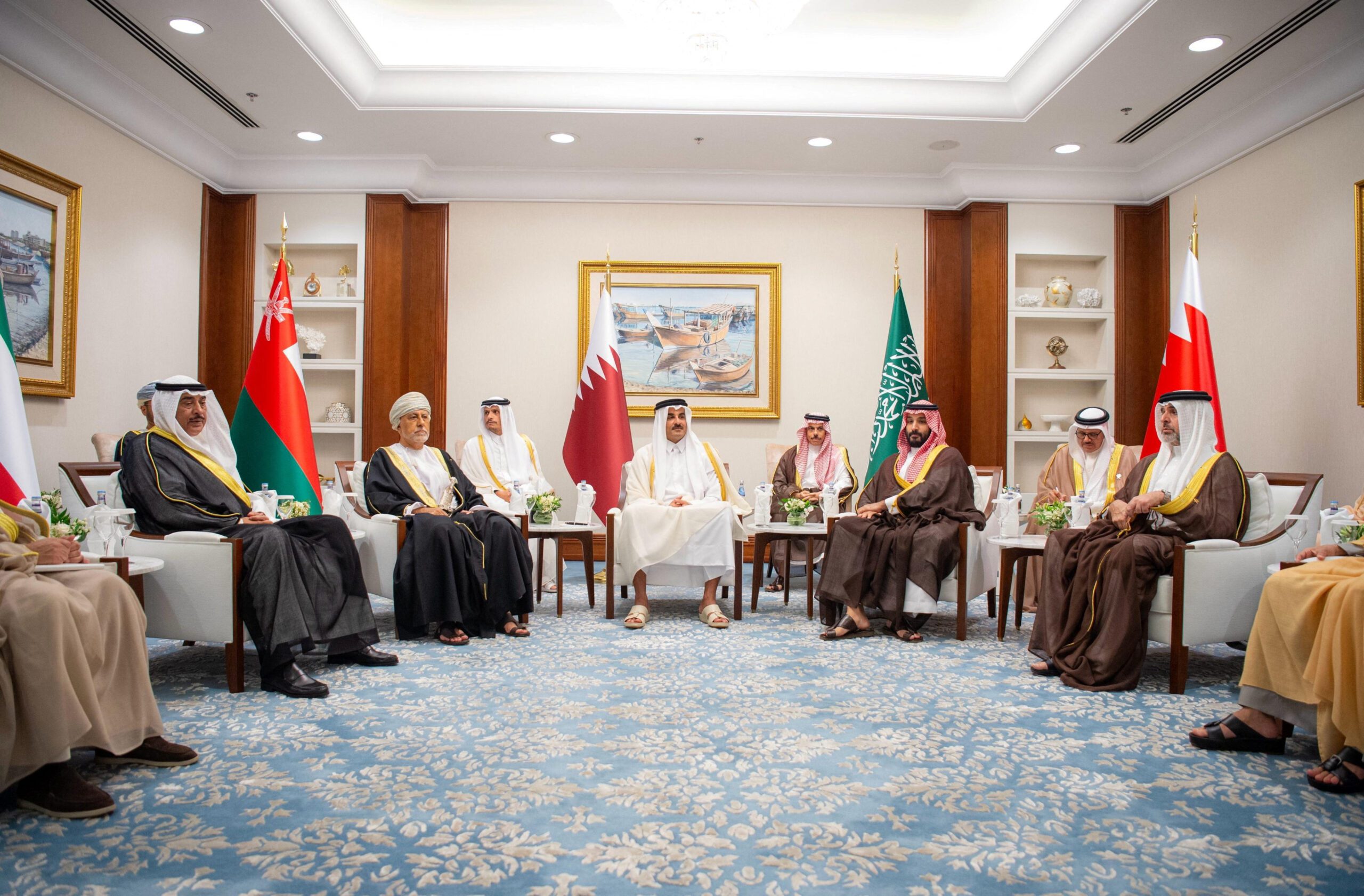 Saudi Crown Prince Mohammed bin Salman with QQatari Emir Tamim bin Hamad al-Thani and GCC representatives meet ahead of an emergency Arab-Islamic leaders' summit convened to discuss the September 9 Israeli attack on Hamas on Qatari territory, in Doha, Qatar, September 15. (Saudi Press Agency/Handout via REUTERS)