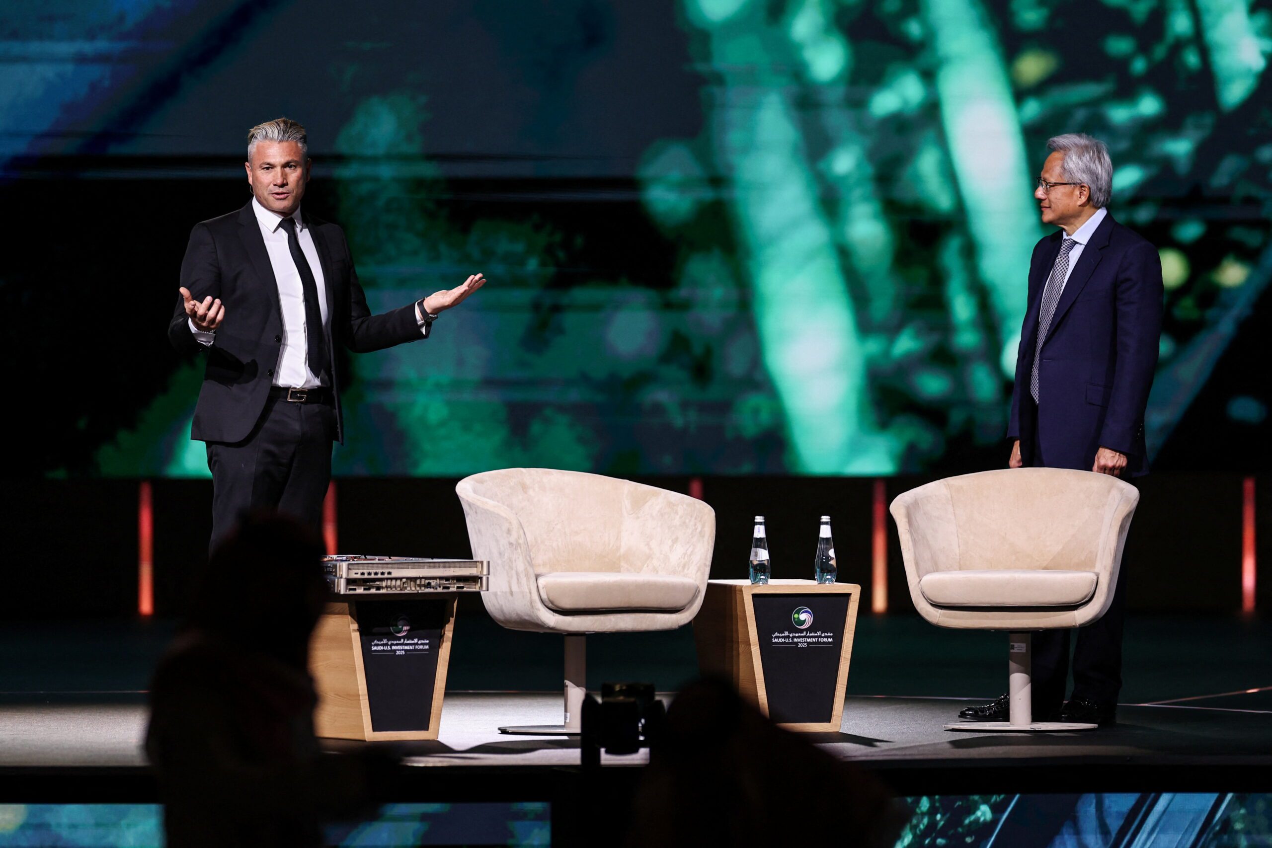Tareq Amin, CEO of Humain, and Jensen Huang, CEO of NVIDIA, attend the Saudi-U.S. Investment Forum, in Riyadh, Saudi Arabia, May 13. (REUTERS/Hamad I Mohammed)