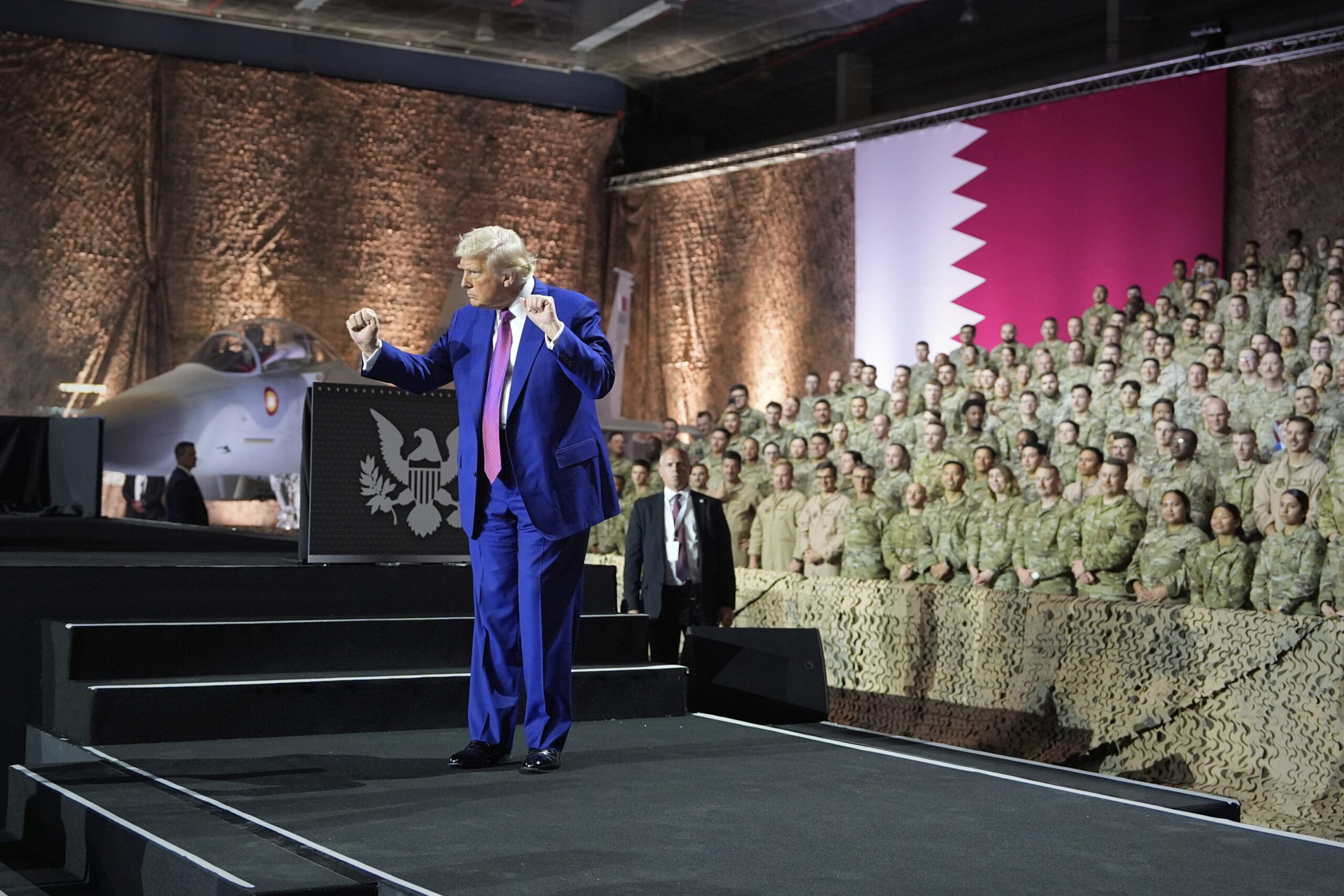 President Donald J. Trump gestures after speaking at the Al Udeid Air Base, May 15, in Doha, Qatar. (AP Photo/Alex Brandon)