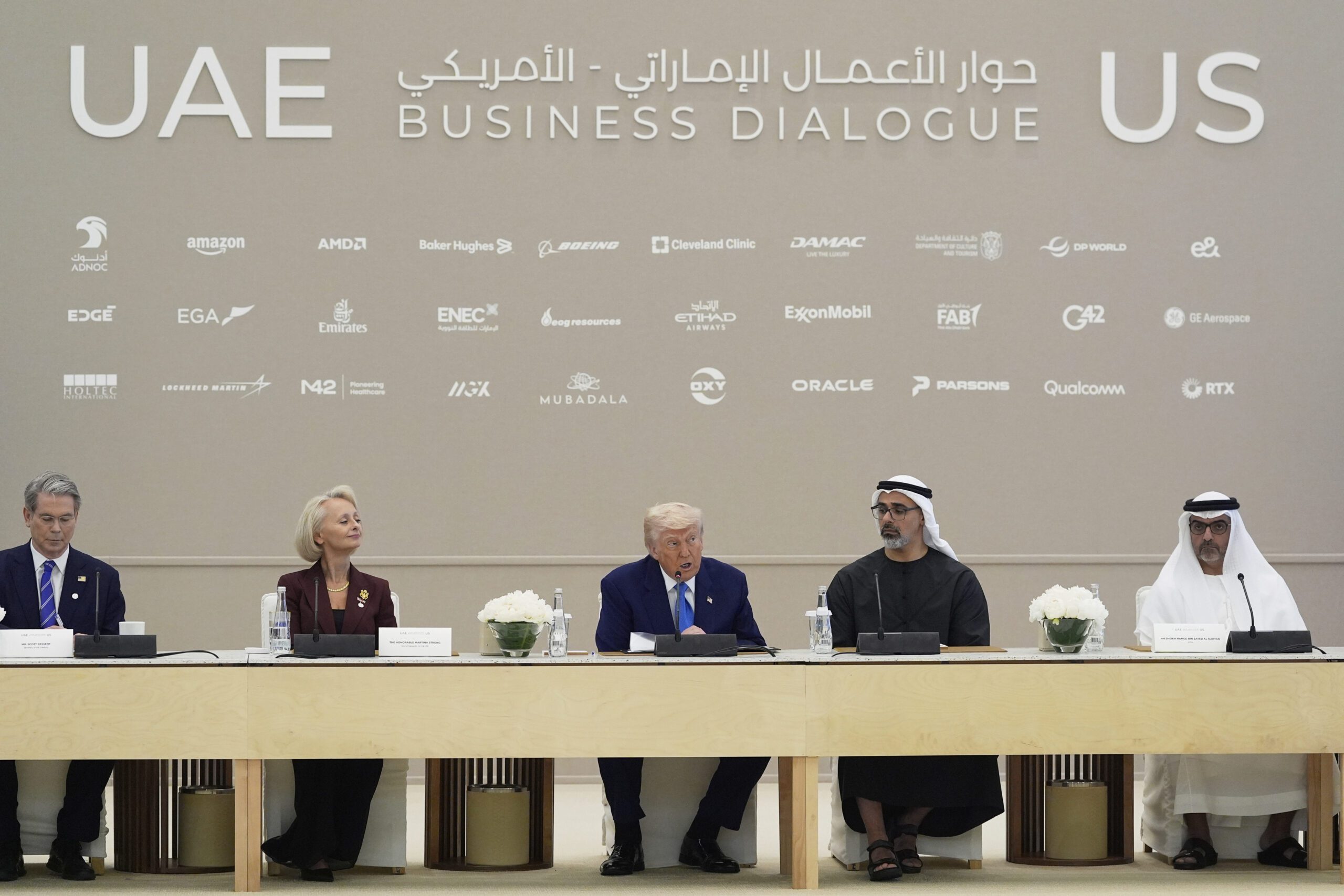 From left to right: U.S. Secretary of the Treasury Scott Bessent, U.S. Ambassador to the UAE Martina Strong, President Donald J. Trump, Crown Prince of Abu Dhabi Khaled bin Mohammed bin Zayed al-Nahyan and ADIA Managing Director Hamed bin Zayed al-Nahyan participate in a business roundtable at Qasr Al Watan in Abu Dhabi, United Arab Emirates, May 16. (AP Photo/Alex Brandon)