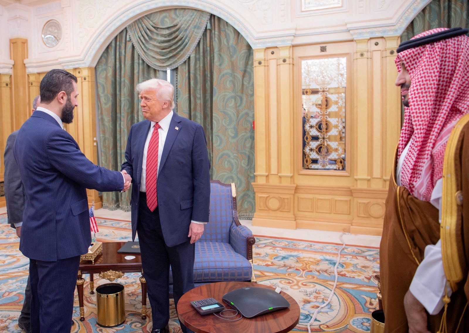 President Donald J. Trump meets with Syrian President Ahmed al-Sharaa in Riyadh, Saudi Arabia, May 14. (Saudi Press Agency/Handout via REUTERS)