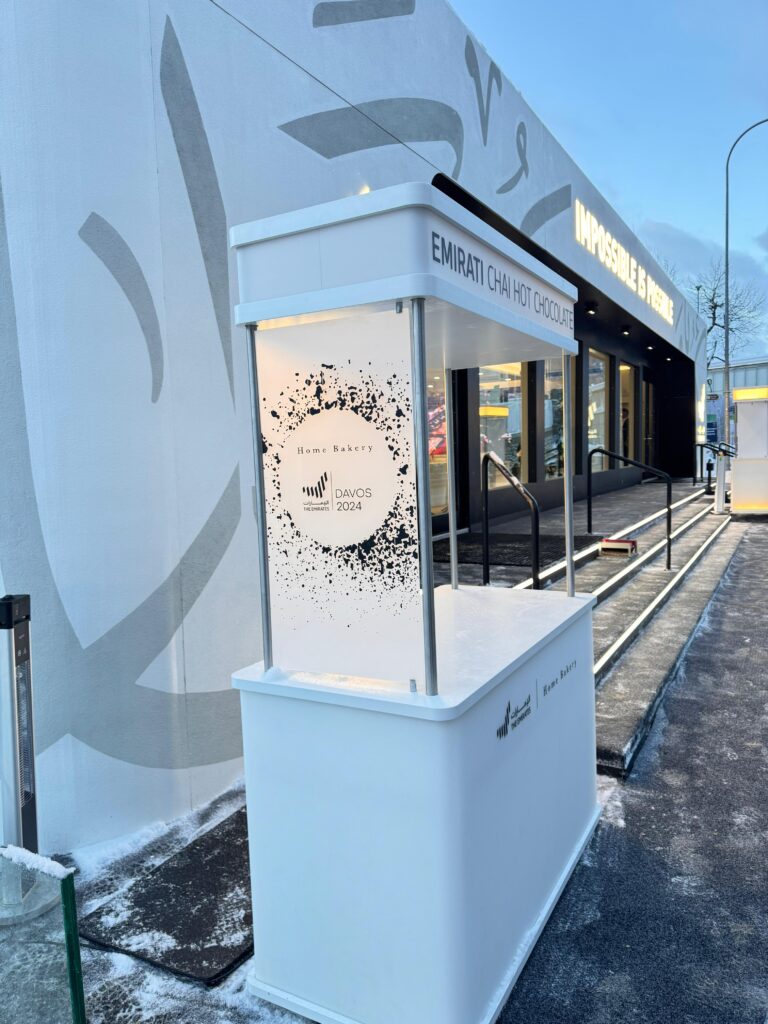 Home Bakery’s stand at the UAE Pavilion at Davos 2024 serving Emirati chai hot chocolate. (Courtesy of Hind Almulla)