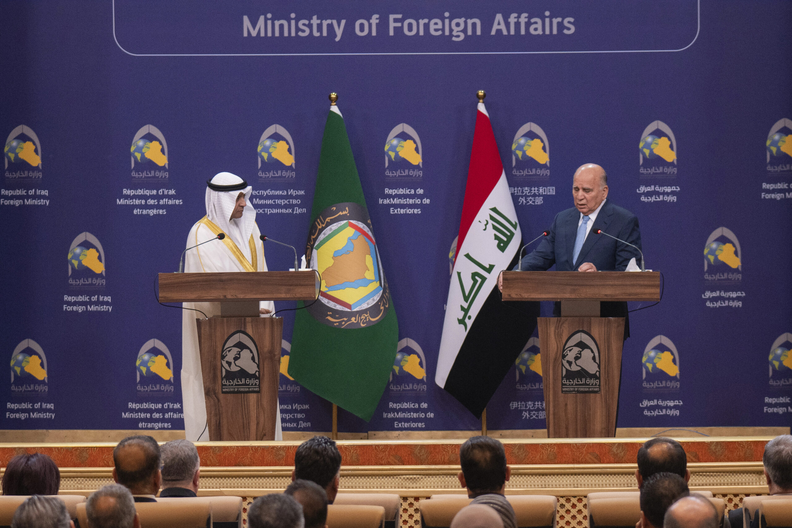 Iraqi Foreign Minister Fuad Hussein and Gulf Cooperation Council Secretary-General Jasem Mohamed AlBudaiwi attend a press conference in Baghdad, Iraq, July 31, 2023. (AP Photo/Hadi Mizban)
