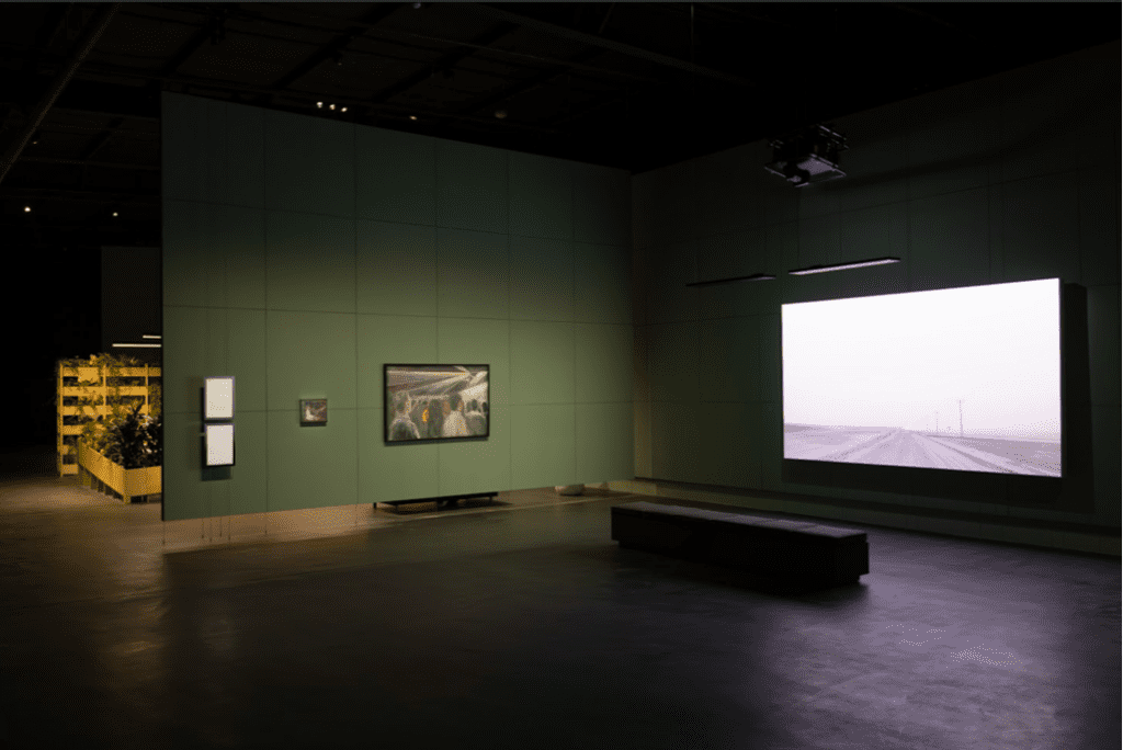 “In Interludes and Transitions,” Diriyah Contemporary Art Biennale 2026, installation view: left: Lulua Alyahya, “Untitled,” 2024, “Untitled,” 2026; right: Abdelkarim Qassem, “The Final Scene,” 2017. (Photo by Alessandro Brasile, courtesy of the Diriyah Biennale Foundation) 