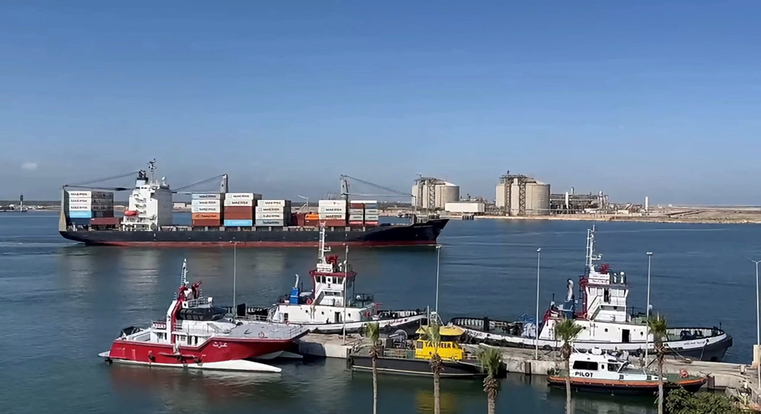 A view of Damietta port in Egypt where a drone attack caused fire on two ships in this undated social media video obtained by Reuters on July 30. (DAMIETTA PORT AUTHORITY/Handout via REUTERS)