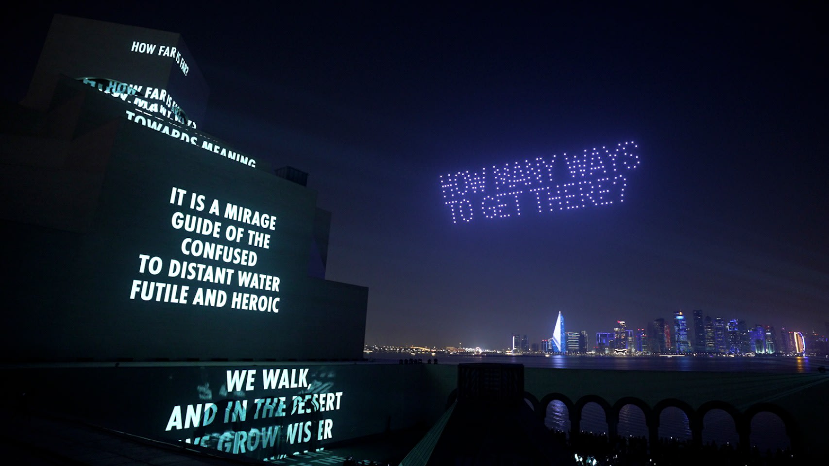 SONG, 2026, Light projection and dronesMuseum of Islamic Art, Doha “How Far Is Far” by Mahmoud Darwish. Used with permission, © 2026 by the Mahmoud Darwish Foundation. © 2026 Jenny Holzer, member Artists Rights Society, NY. (Photo Courtesy by Art Basel)