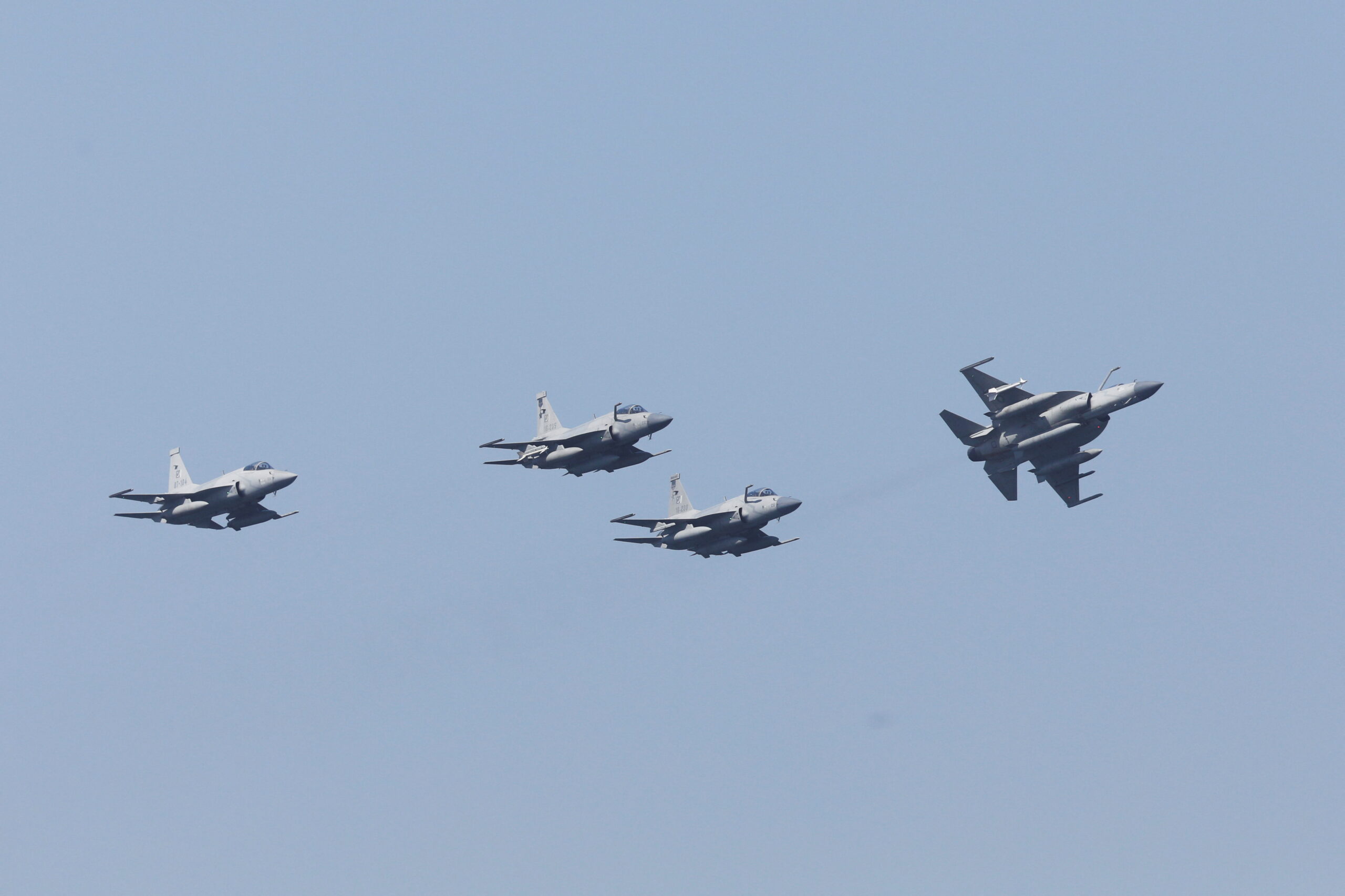 Pakistani JF-17 Thunder jets fly past during the sea phase of Pakistan navy's Multinational Exercise AMAN-23, in the North Arabian Sea near Karachi, Pakistan, February 13, 2023. (REUTERS/Akhtar Soomro)
